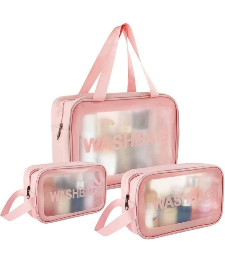     			House Of Quirk Pink Toiletry Wash Makeup Cosmetic PVC Bag (Set of 3)