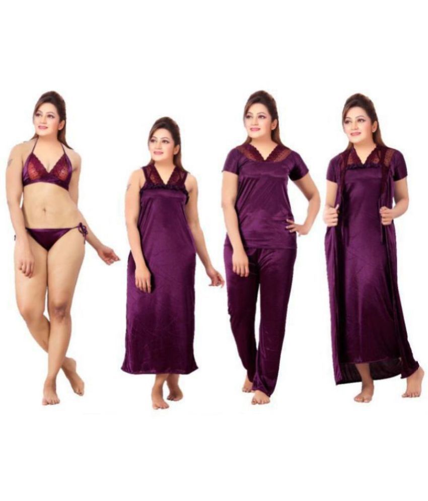     			Romaisa Satin Nighty & Night Gowns - Purple Pack of 6