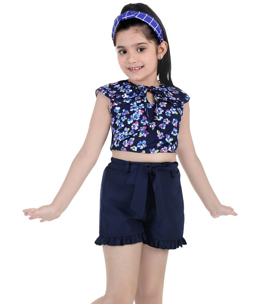    			Naughty Ninos Girls Navy Blue Floral Printed Top with Short