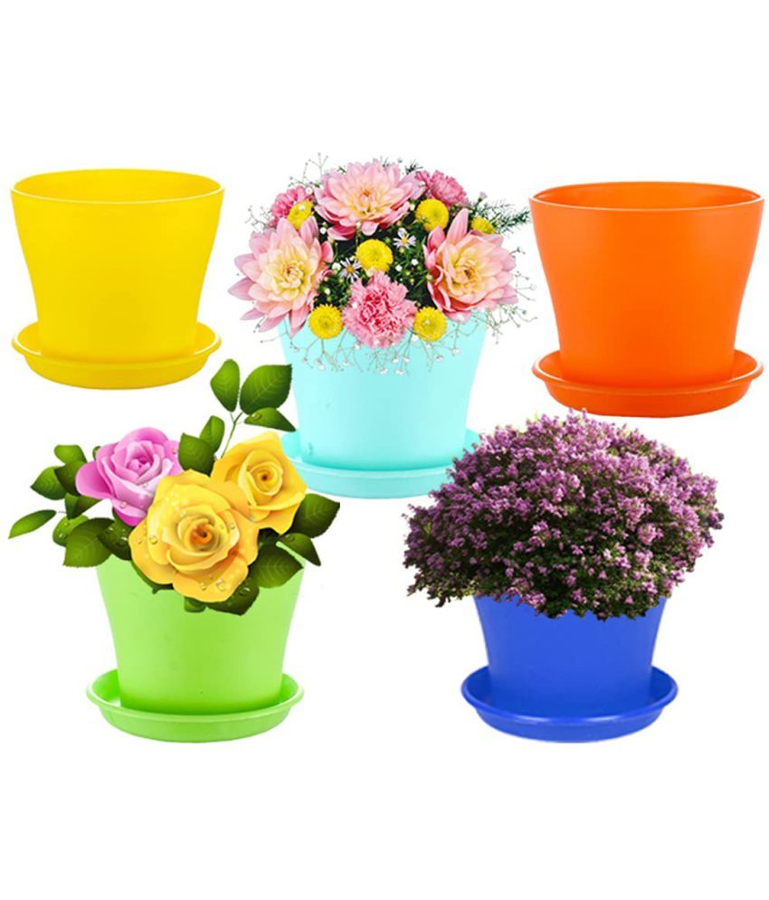 Kraft Seeds Plastic Pot Planters For Flowers And Home Gardening With Tray Inches Pack Of