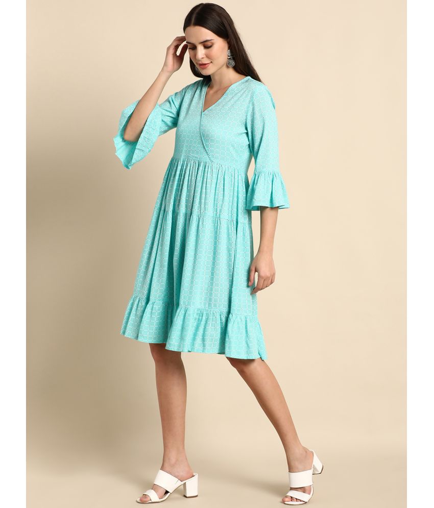 Janasya Rayon Turquoise Fit And Flare Dress -