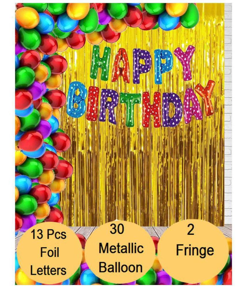     			Dakshya Industries Happy Birthday Foil Letter Balloon ( Multi ) + 2pcs Golden Fringe Curtain + 30 Metallic Balloon ( Multi )