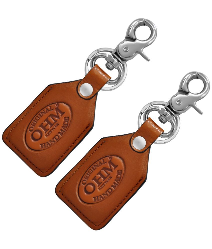     			OHM New York Pack of Two Leather Key Chains with Metal Hook Tan