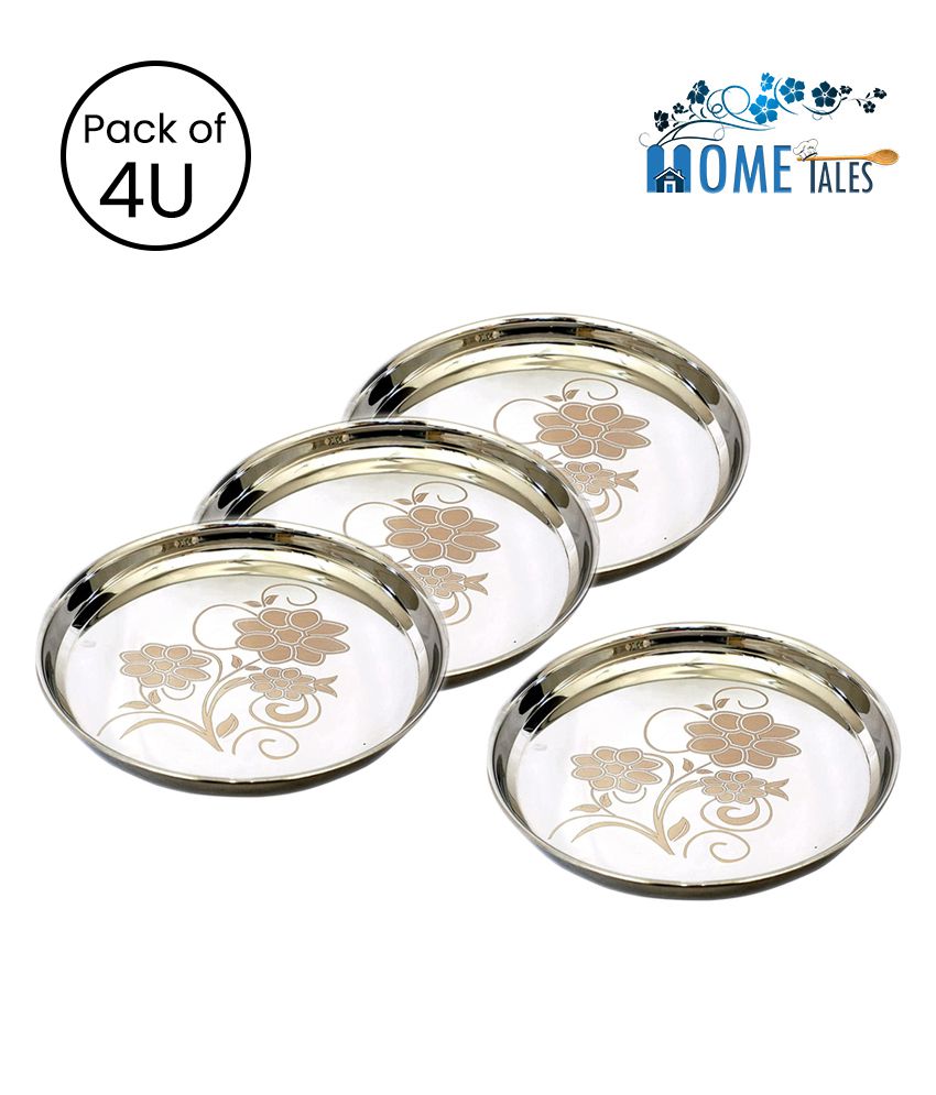     			HOMETALES Stainless Steel 11 Inches Khumcha Plate, Pack of 4 U, 26 cm (Dia) per unit, Heavy 22 gauze