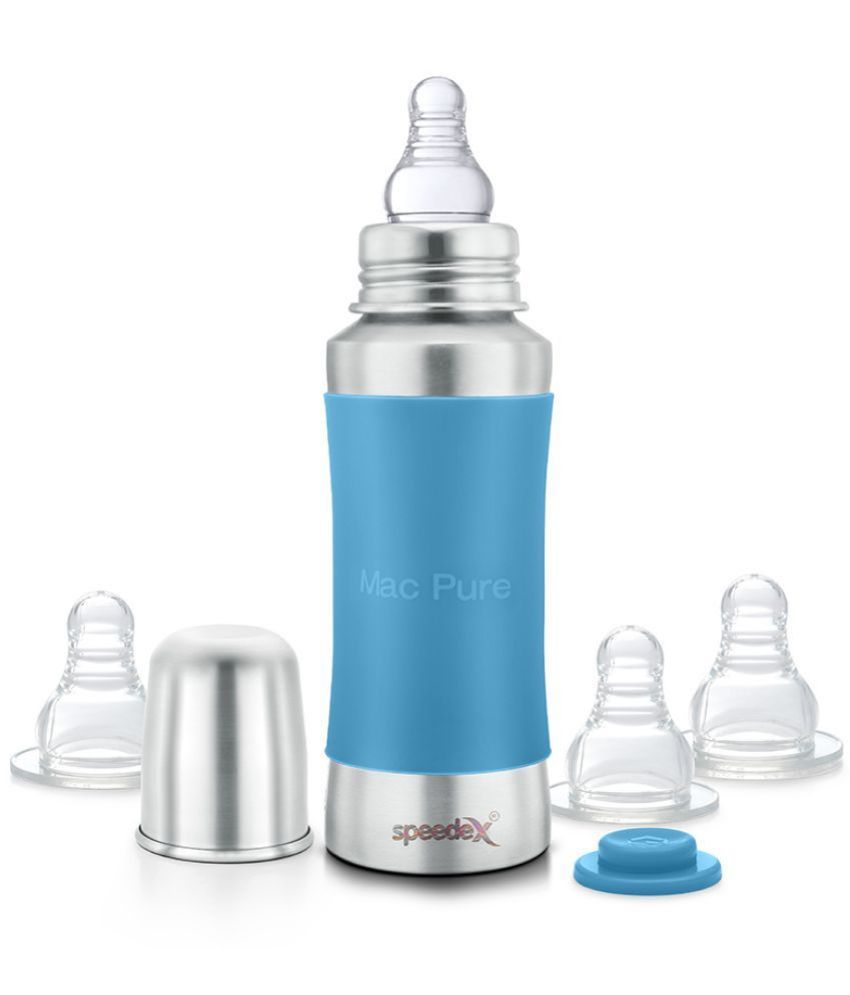     			Speedex Stainless Steel Baby Feeding Bottle with Internal ML Marking, Silicon Stopper & Silicon Grip (240 ml) (3 Extra Nipple Free)