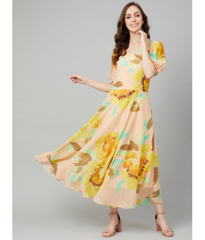     			Rare Poly Georgette Yellow Fit And Flare Dress - Single