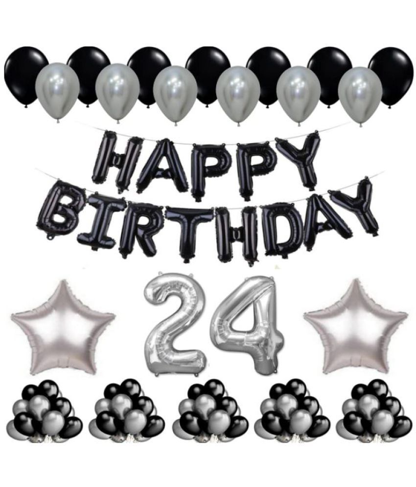     			Blooms Event 1 Set Happy Birthday Foil Balloons     Black Color , 2 Pcs silver  Foil Star , 50 Pcs Metallic Balloons   (Black &  Silver ),24 No. Foil Number Silver