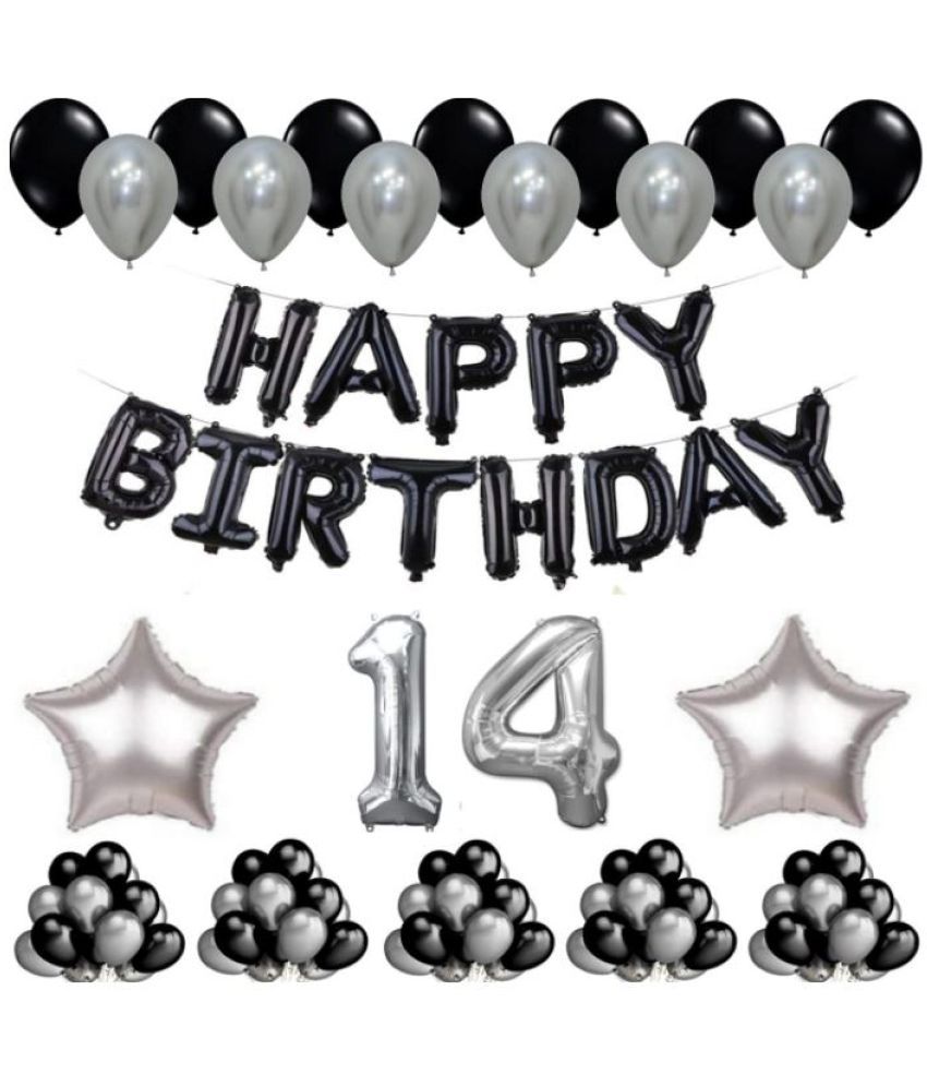     			Blooms Event 1 Set Happy Birthday Foil Balloons     Black Color , 2 Pcs silver  Foil Star , 50 Pcs Metallic Balloons   (Black &  Silver ), 14No. Foil Number Silver