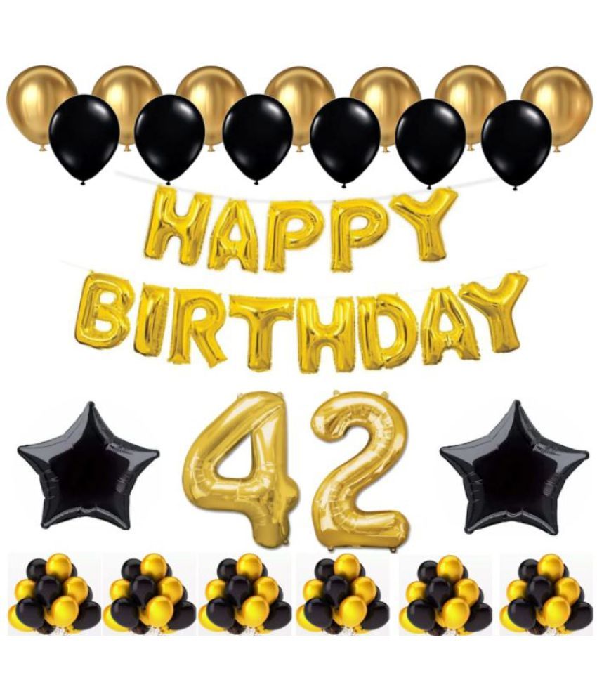     			Blooms Event 1 Set Happy Birthday Foil Balloons (Golden Color, 2 PcsBlack Foil Star , 50 Pcs Metallic Balloons   (Black & Golden),42 No. Foil Number Golden