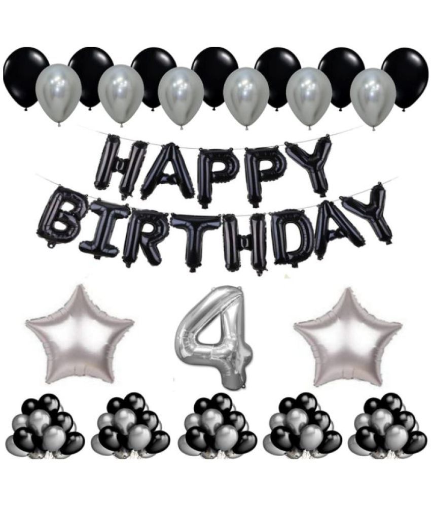     			Blooms Event 1 Set Happy Birthday Foil Balloons     Black Color , 2 Pcs silver  Foil Star , 50 Pcs Metallic Balloons   (Black &  Silver ),4 No. Foil Number Silver