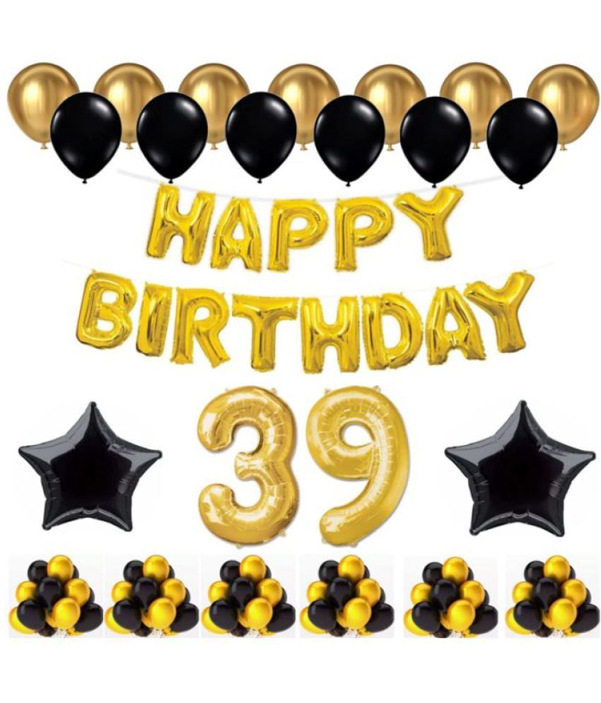     			Blooms Event 1 Set Happy Birthday Foil Balloons (Golden Color, 2 PcsBlack Foil Star , 50 Pcs Metallic Balloons   (Black & Golden),39 No. Foil Number Golden