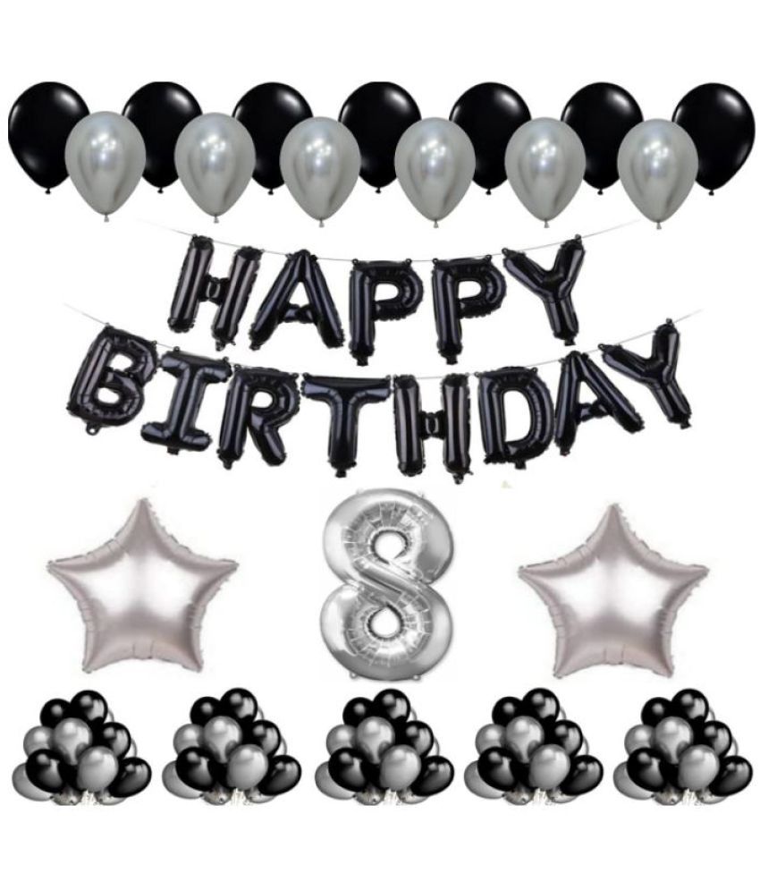     			Blooms Event 1 Set Happy Birthday Foil Balloons     Black Color , 2 Pcs silver  Foil Star , 50 Pcs Metallic Balloons   (Black &  Silver ),8 No. Foil Number Silver