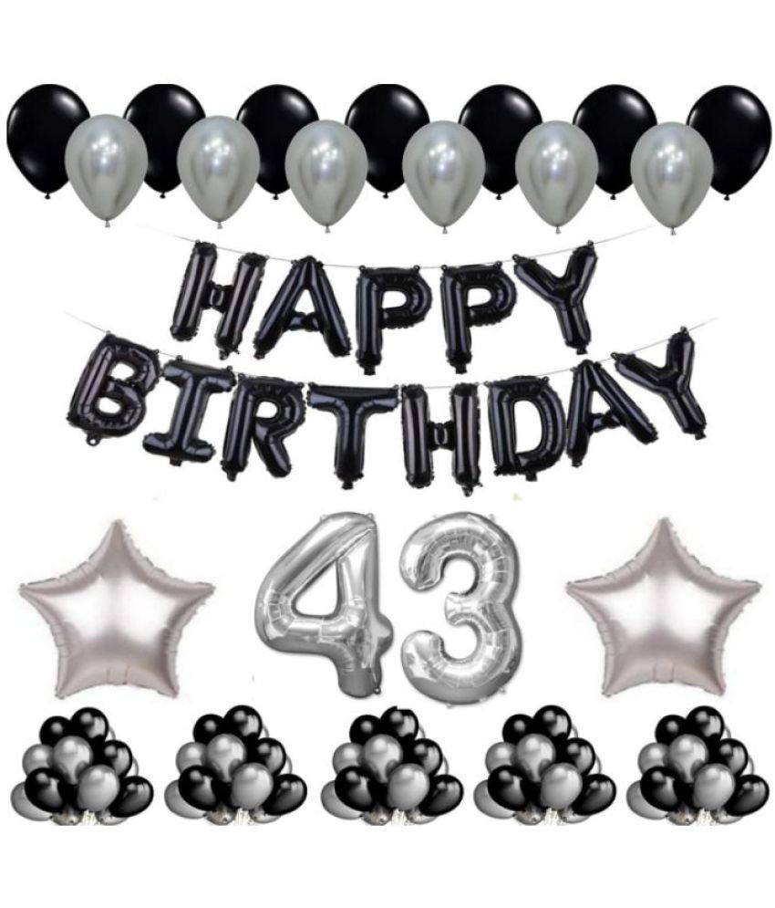     			Blooms Event 1 Set Happy Birthday Foil Balloons     Black Color , 2 Pcs silver  Foil Star , 50 Pcs Metallic Balloons   (Black &  Silver ),43 No. Foil Number Silver