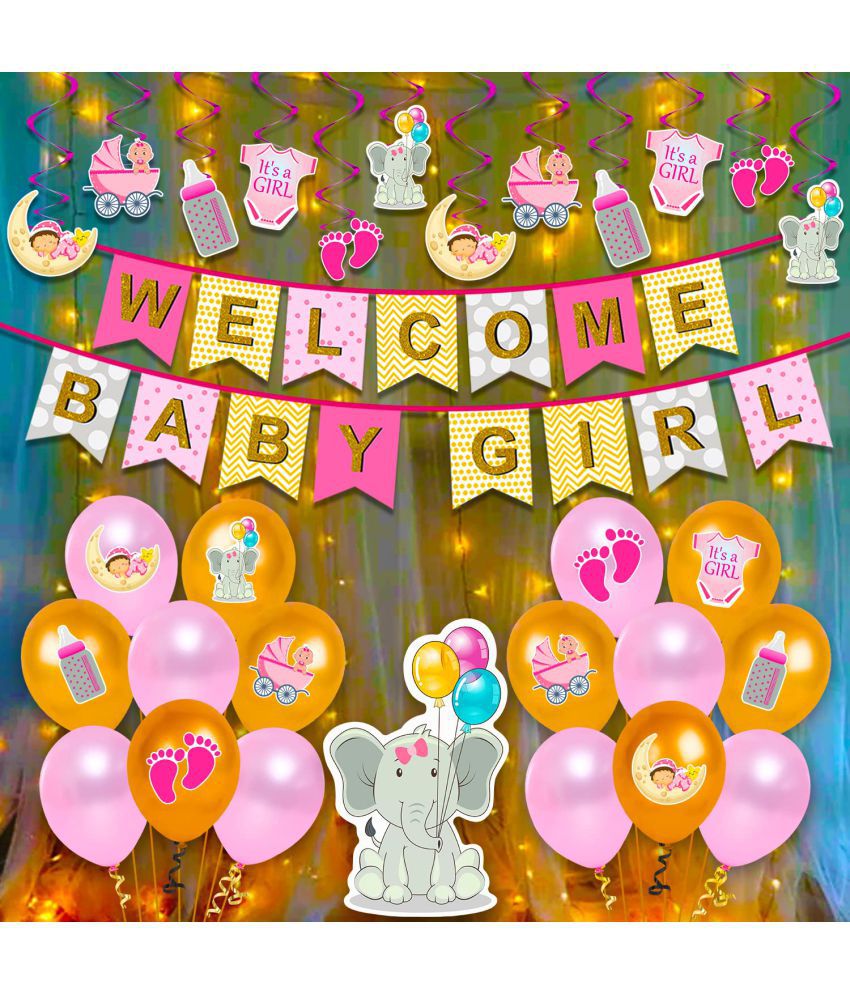     			Party Propz Baby Girl Welcome Home Decoration Kit 66Pcs Balloon, Cardstock, Paper Banner with Fairy Lights for Baby Shower / Welcome / Birthday Supplies