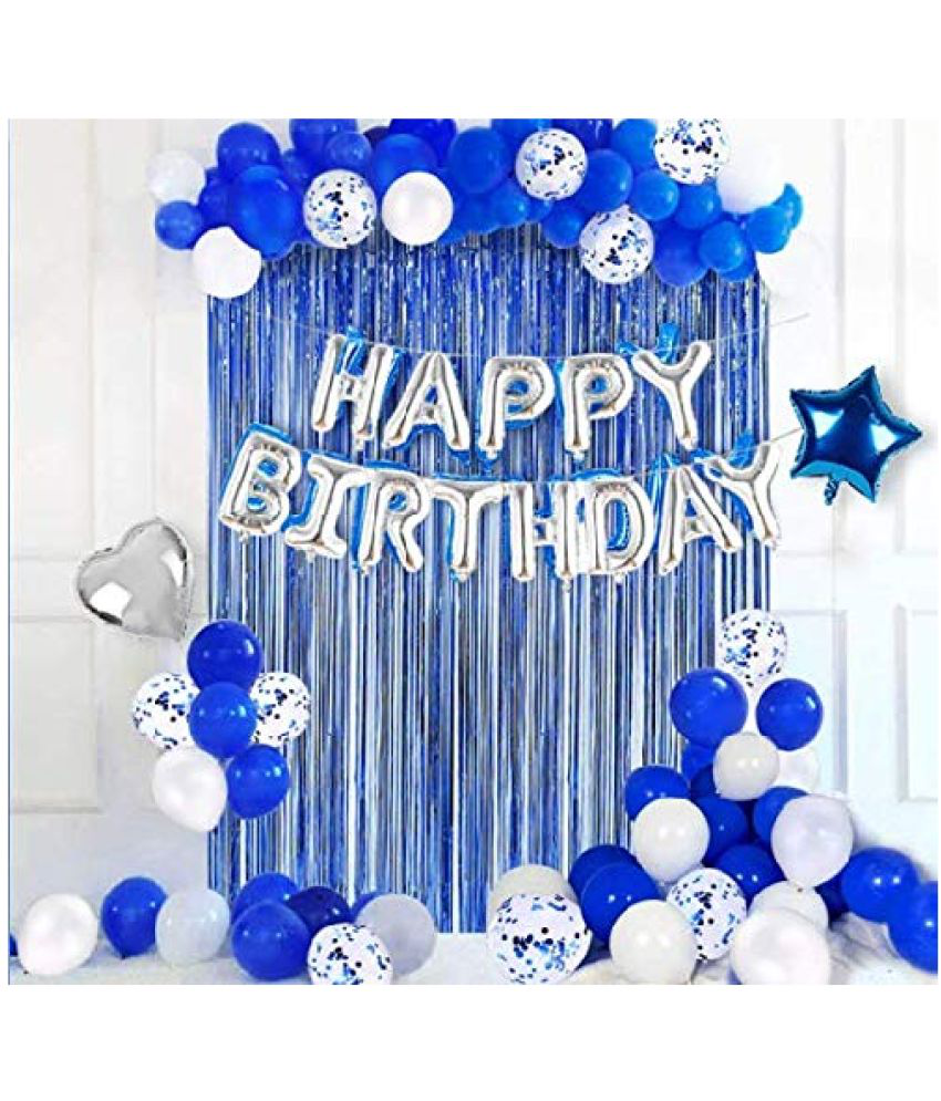 Blooms Blue & Silver theme Happy Birthday Décor Pack of 81 Pcs.-Silver Foil HBD(13)+Blue Foil Curtain(1)+Foil 18