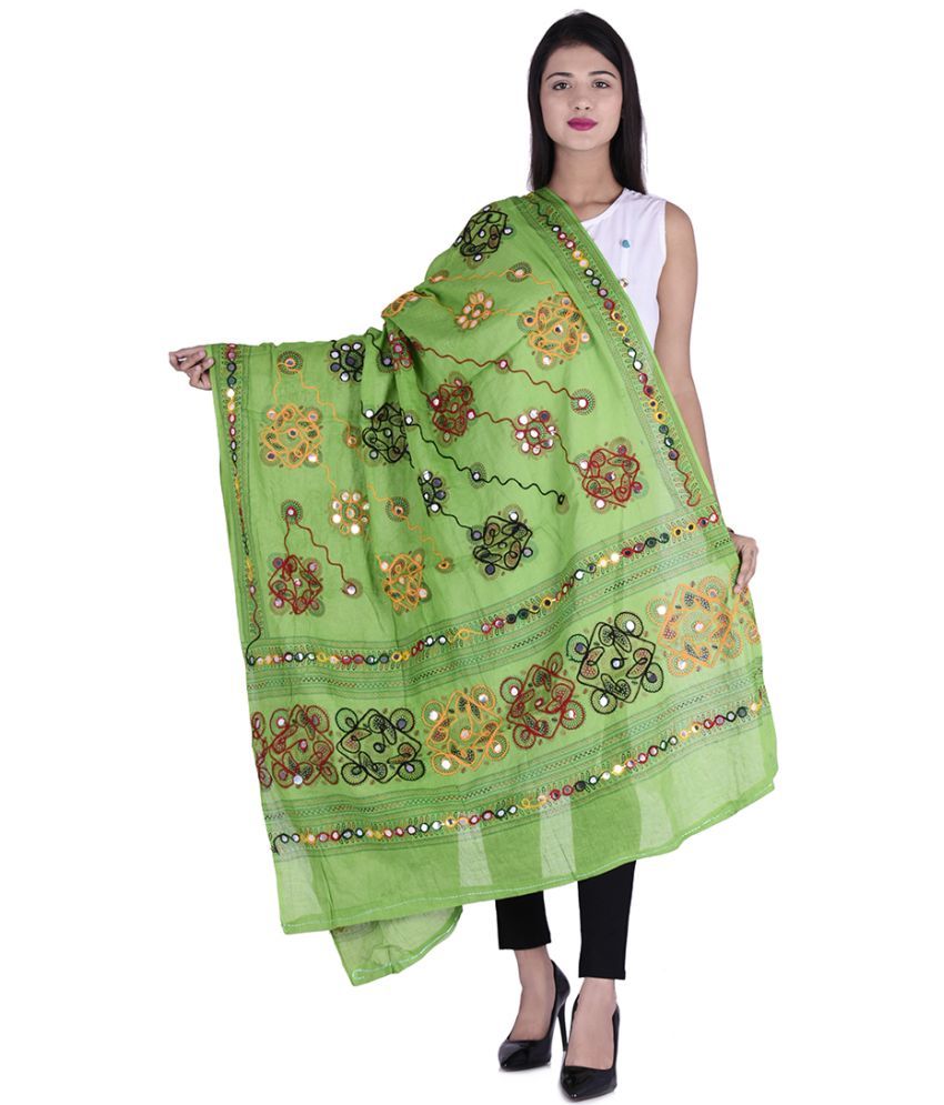     			Apratim Green Cotton Kutch Embroidered Dupatta - Single