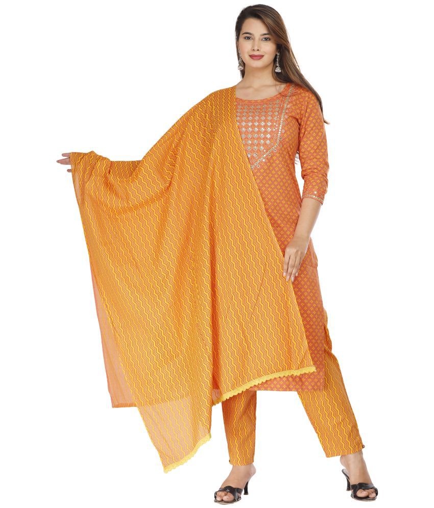     			JC4U Orange Cotton Kurti With Pants - Stitched Suit Single
