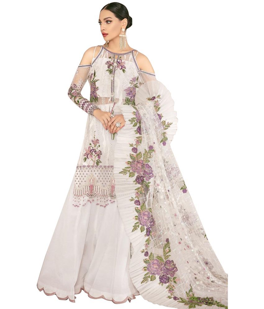 Miss Ethnik White Georgette Pakistani Semi-Stitched Suit - Single
