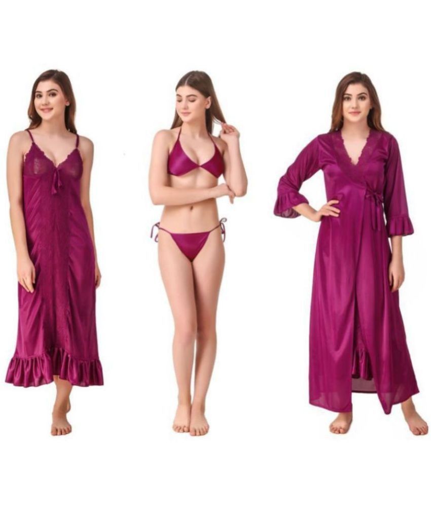     			Romaisa Satin Nighty & Night Gowns - Purple Pack of 4