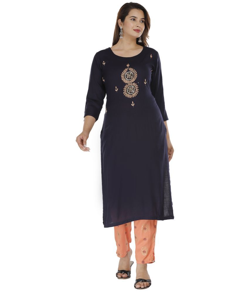     			HIGHLIGHT FASHION EXPORT Navy Rayon Kurti With Pants - Stitched Suit Single