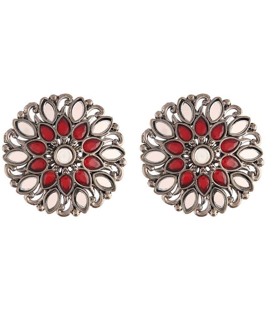     			I Jewels Silver Oxidized Kundan Studded Meena Work Designer Circular Stud Earrings for Women(E2933ZM)
