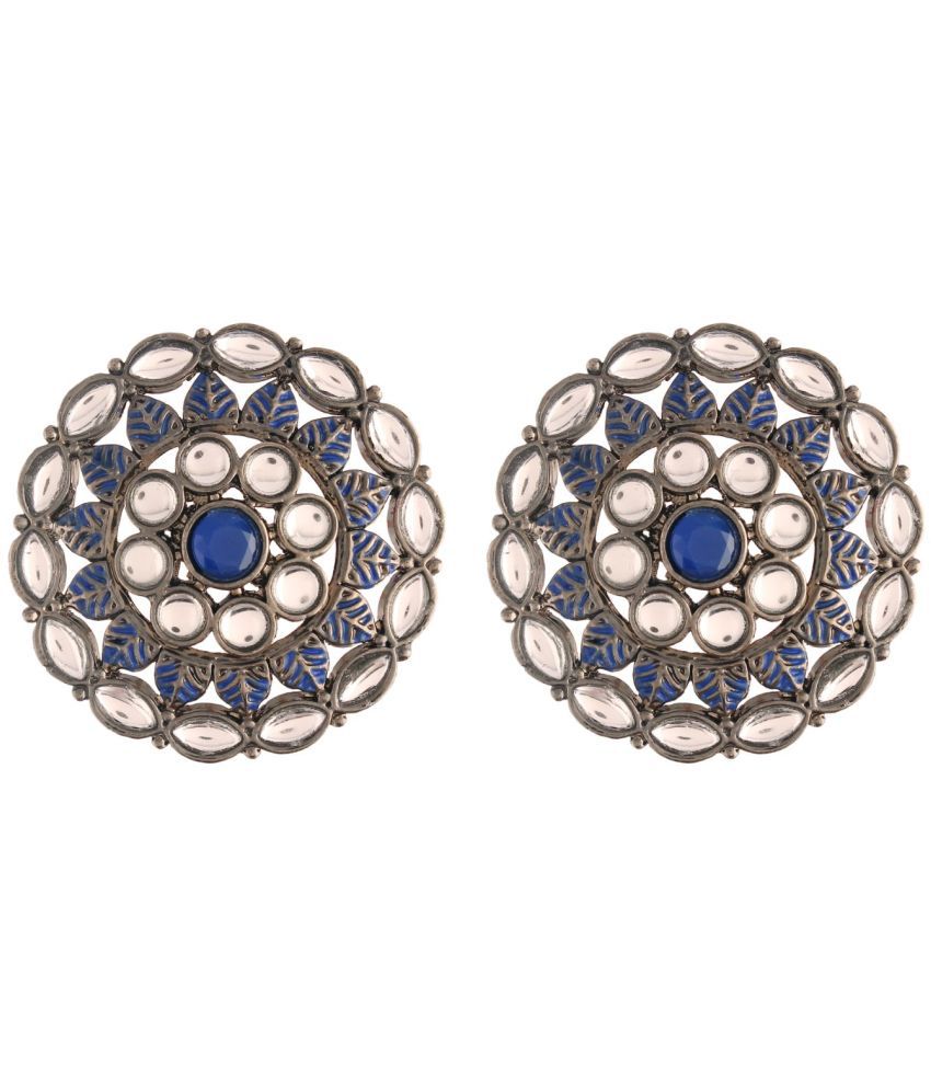     			I Jewels Silver Oxidized Kundan Studded Meena Work Designer Circular Stud Earrings for Women(E2932ZBl)