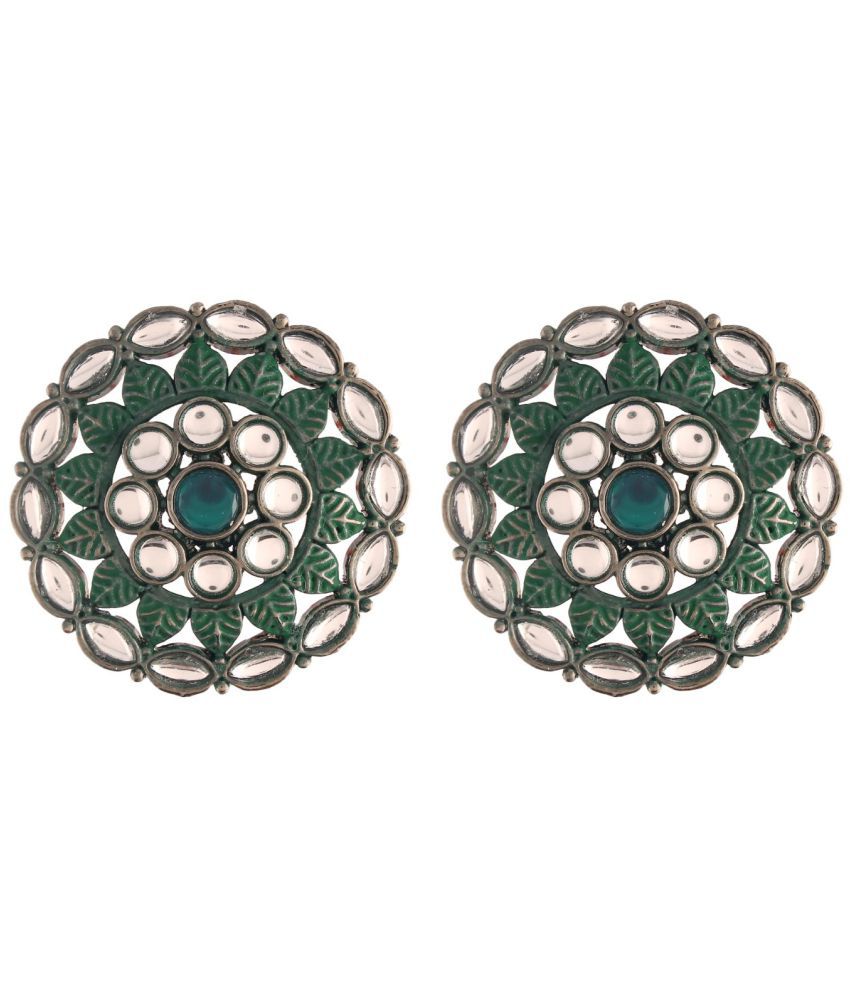     			I Jewels Silver Oxidized Kundan Studded Meena Work Designer Circular Stud Earrings for Women(E2932ZG)
