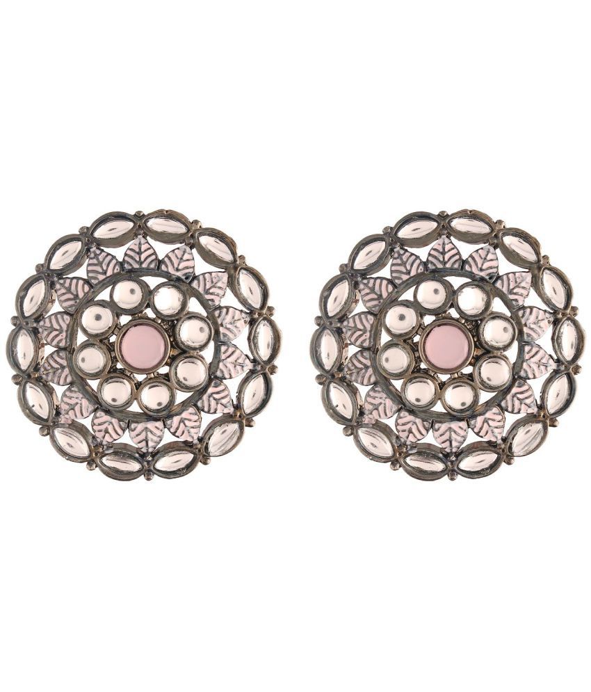     			I Jewels Silver Oxidized Kundan Studded Meena Work Designer Circular Stud Earrings for Women(E2932ZPi)