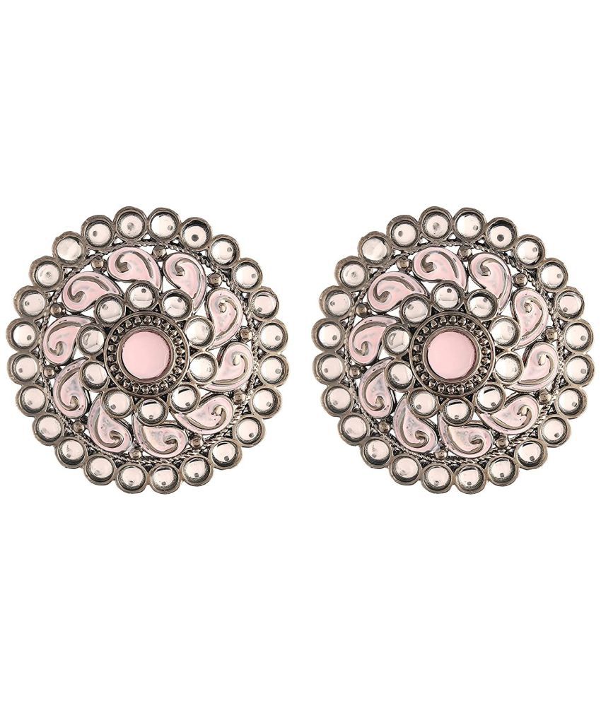     			I Jewels Silver Oxidized Kundan Studded Meena Work Designer Circular Stud Earrings for Women(E2937ZPi)