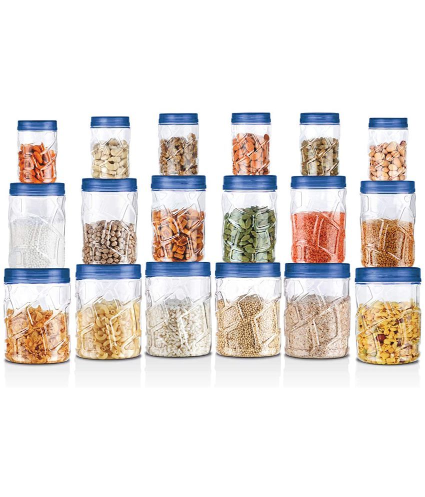     			Milton Vitro Plastic Pet Storage Jar and Container, Set of 18 (6 pcs x 230 ml Each, 6 pcs x 600 ml Each, 6 pcs x 1.18 ltrs Each), Blue