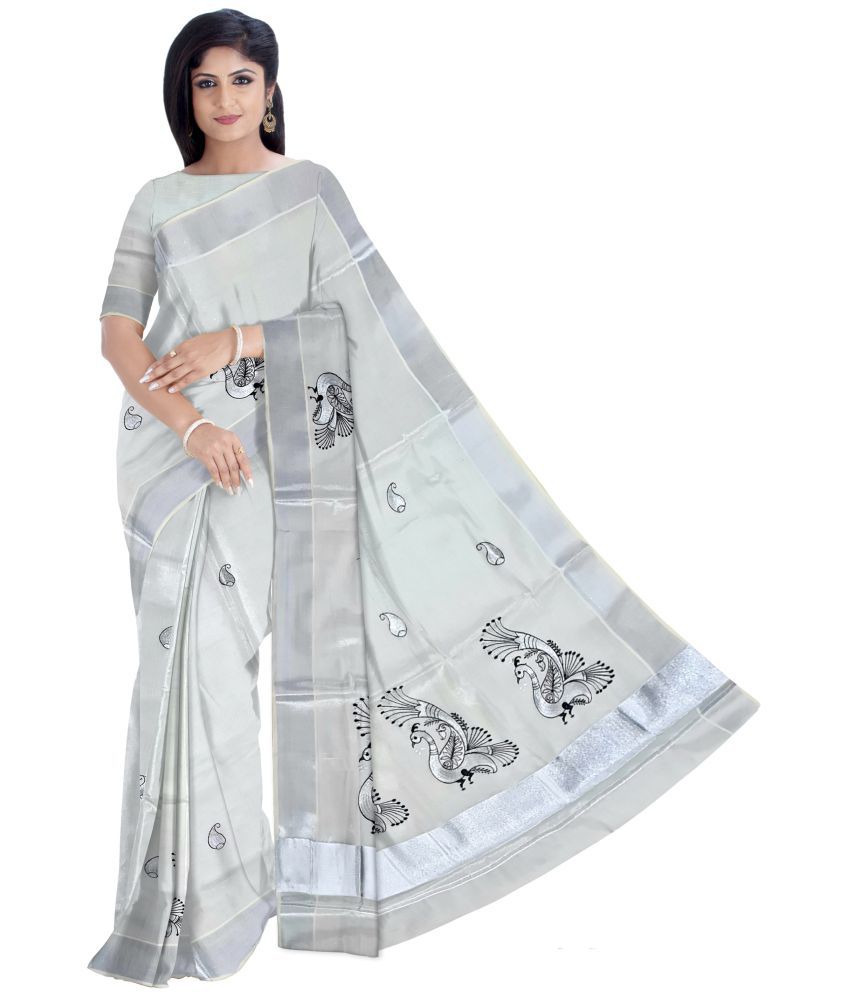     			BRINDAVAN CREATIONS - Silver Kerela Cotton Saree With Blouse Piece ( Pack of 1 )