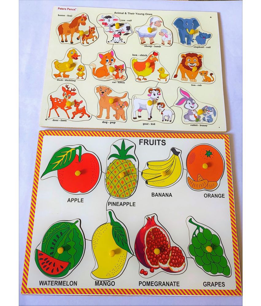     			Peters Pence Wooden FRUITS & ANIMALS WITH THEIR YOUNG ONES LEARNING PUZZLE BOARD FOR KIDS PRE PRIMARY EDUCATION