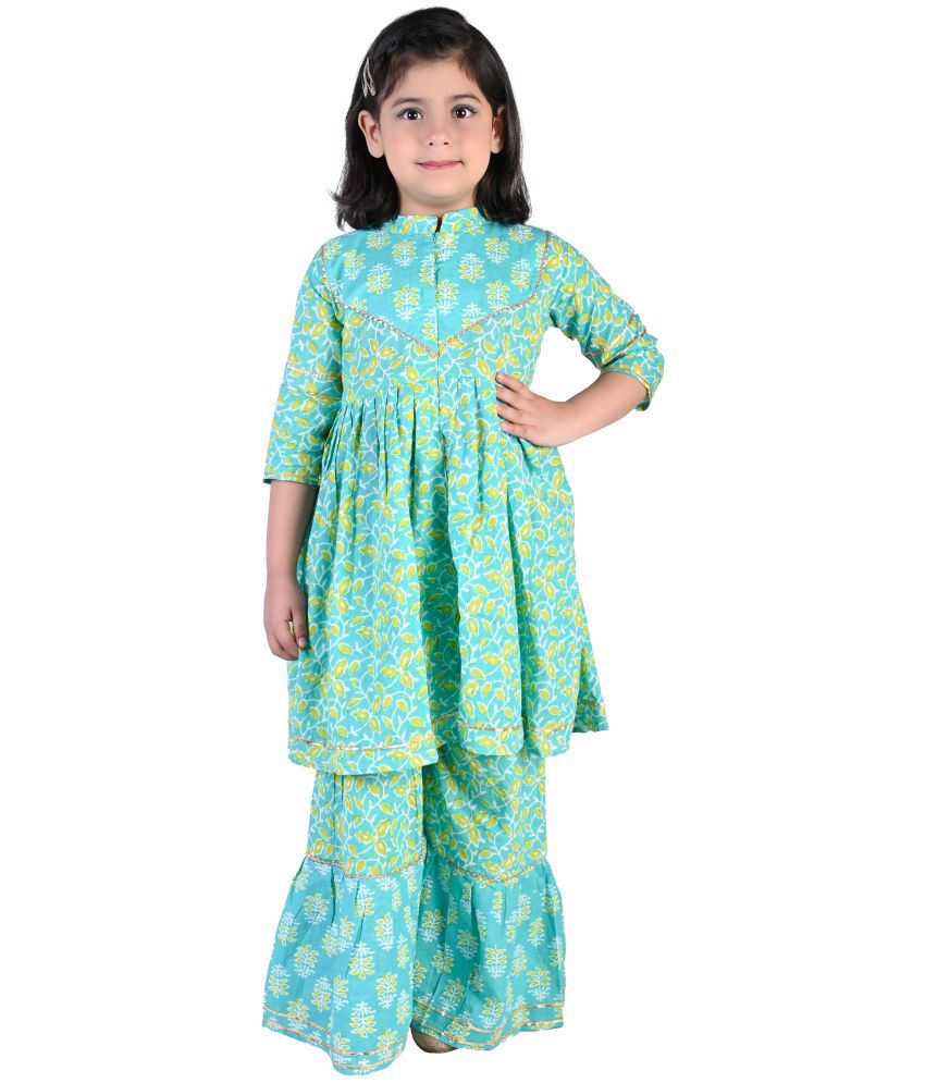 Ahhaaaa Kids Ethnic Cotton Jaipuri Print  Kurti and Sharara Set for Baby Girls