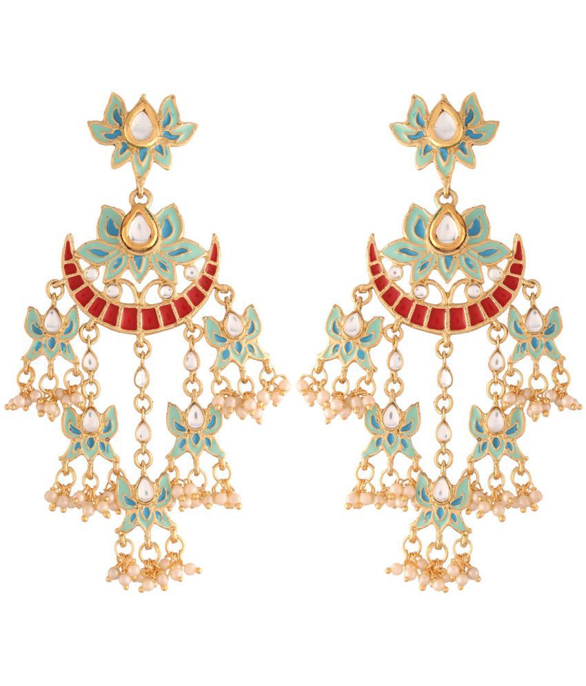     			I Jewels 18k Gold Plated Pearl Meenakari Lotus Design Dangler Earrings for Women (E2853SB)