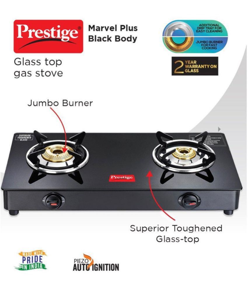 Prestige Marvel Plus Auto Ignition 2 Burner Glass top, GTM 02 AI, Black