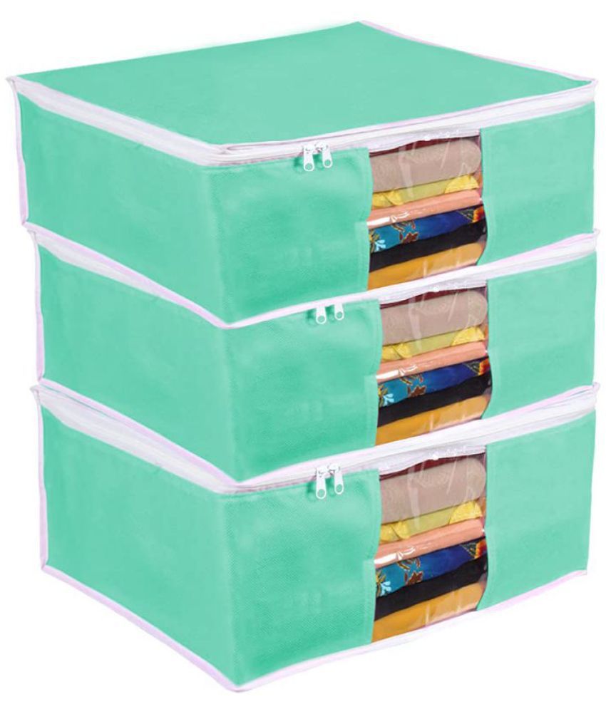     			PrettyKrafts Presents Blue Saree Cover Storage Bags for Clothes Combo Offer Saree Organizer for Wardrobe/Organizers for Clothes/Organizers for Wardrobe Pack of 3 -Green