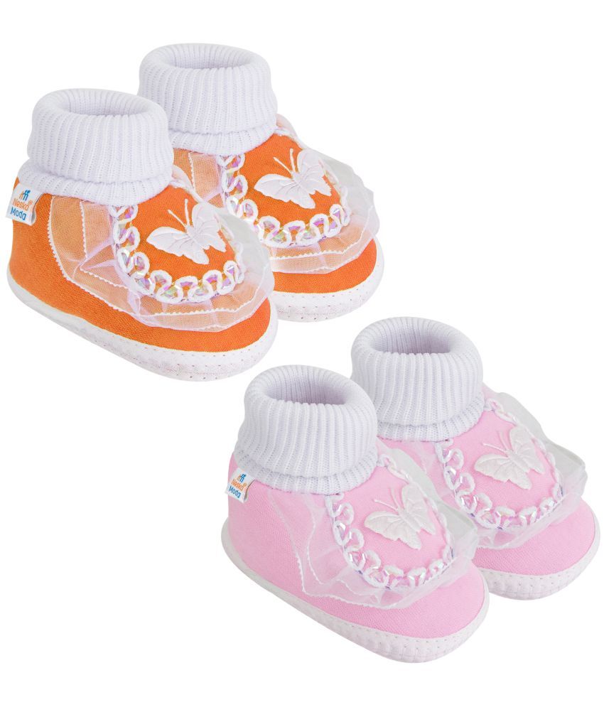     			Neska Moda Set of 2 Pair Baby Boys & Baby Girls Butterfly Frill Cotton Booties For 12 to 24 Months (Orange,Pink)