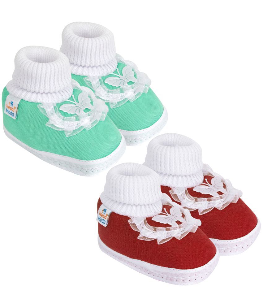     			Neska Moda Set of 2 Pair Baby Girls Butterfly Frill Cotton Booties For 0 to 6 Months (Green,Maroon)