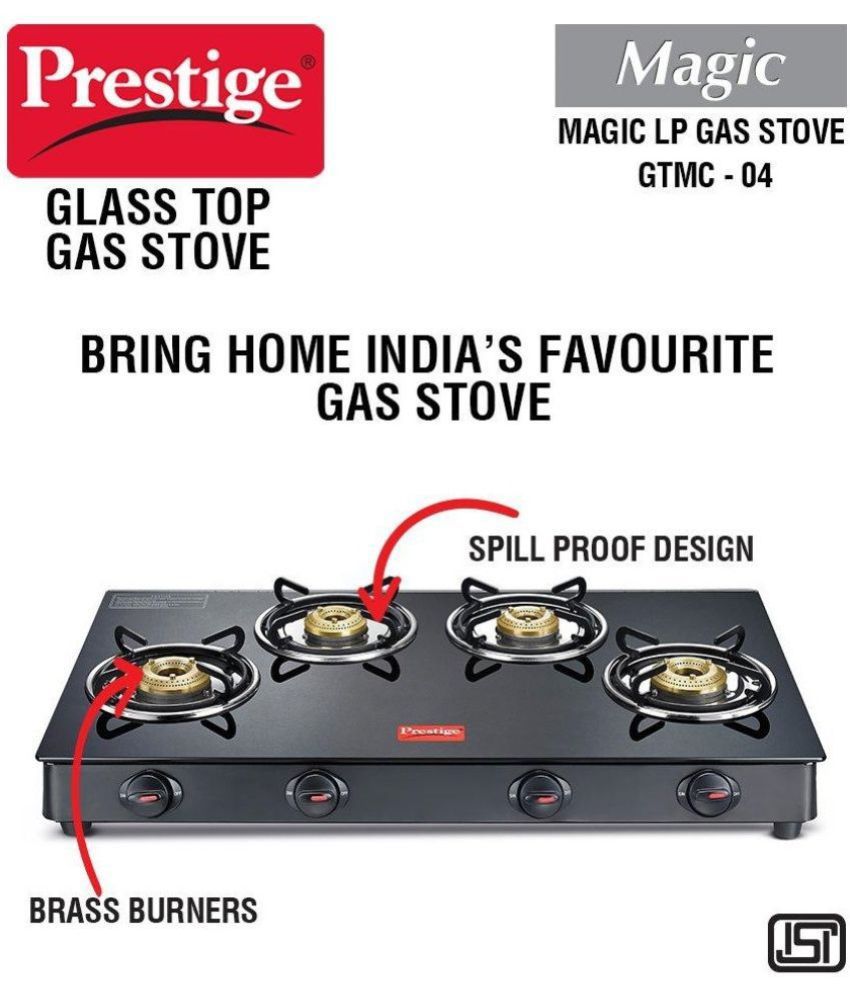 Prestige Magic GTMC 04 L Glass Top Gas Stove with 4 Brass TriPin