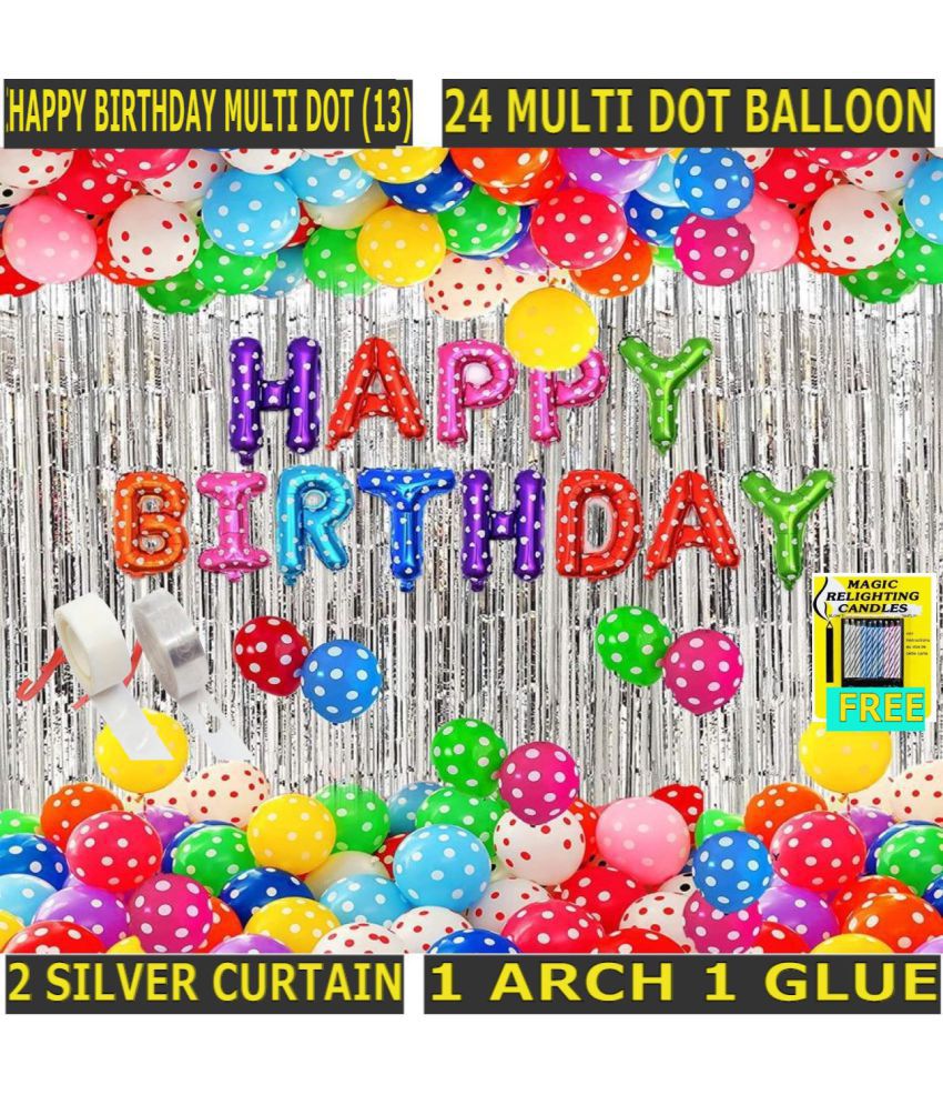     			KR Happy Birthday Decorations Kit For Boys and Girls- 41pcs . Happy Birthday Balloons Set with Foil Balloon, Latex Multi Dot Balloons, Balloon Arch & Glue Dot & Foil Curtain. Happy Birthday Decoration Kit (Set of 41)