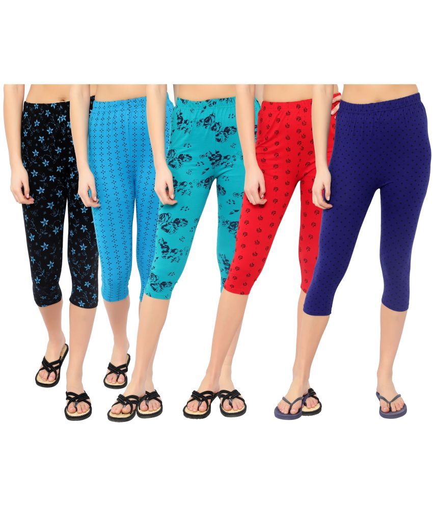     			Diaz Multi Cotton Lycra Abstract Capri - Pack of 5