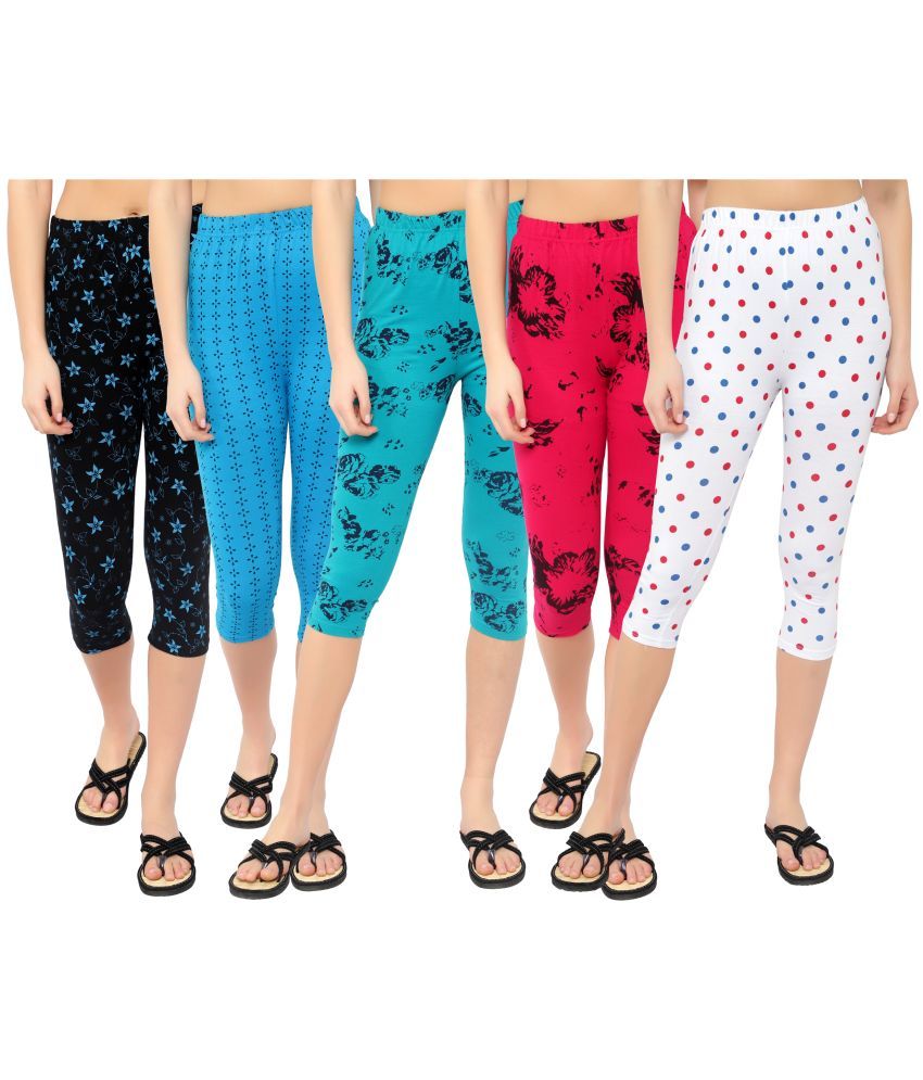     			Diaz Multi Cotton Lycra Abstract Capri - Pack of 5