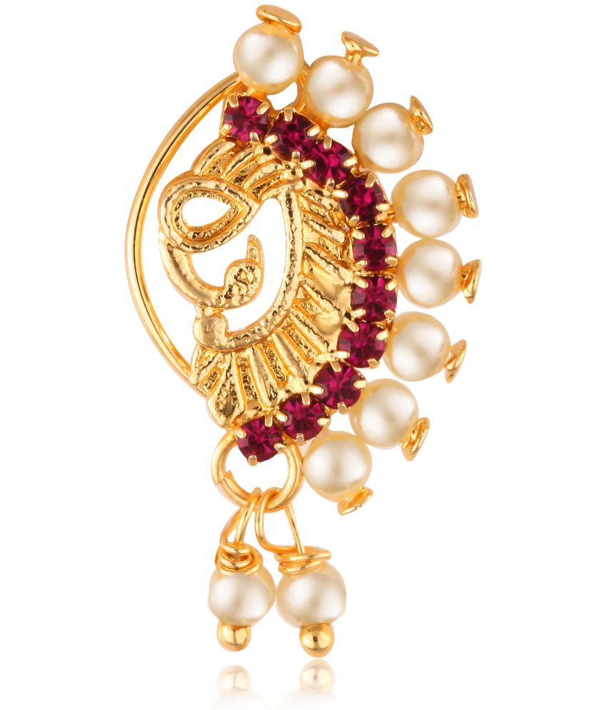     			Vighnaharta Gold Plated with Peals Alloy and CZ stone Non Piercing Maharashtrian Nath Nathiya./ Nose Pin for women  [VFJ1081NTH-Press-Red ]