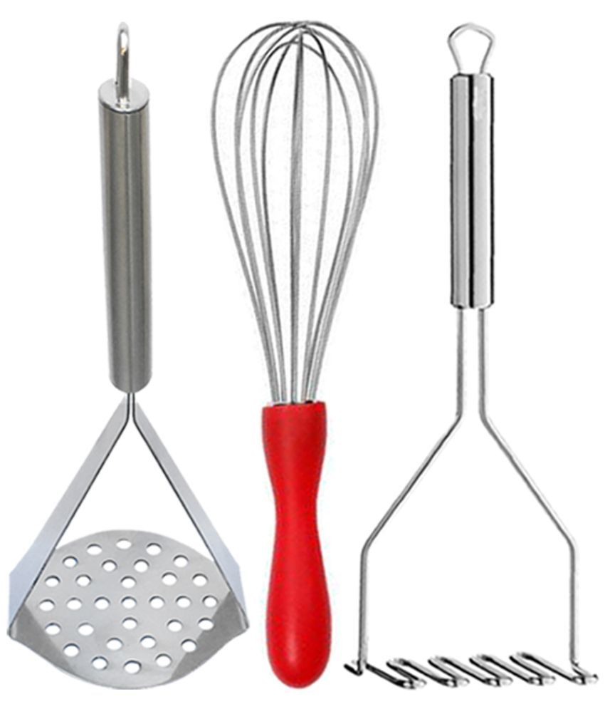     			JISUN Stainless Steel (Pack of 2) Potato Masher & Egg Whisk / Egg Beater Silver Kitchen Tool Set