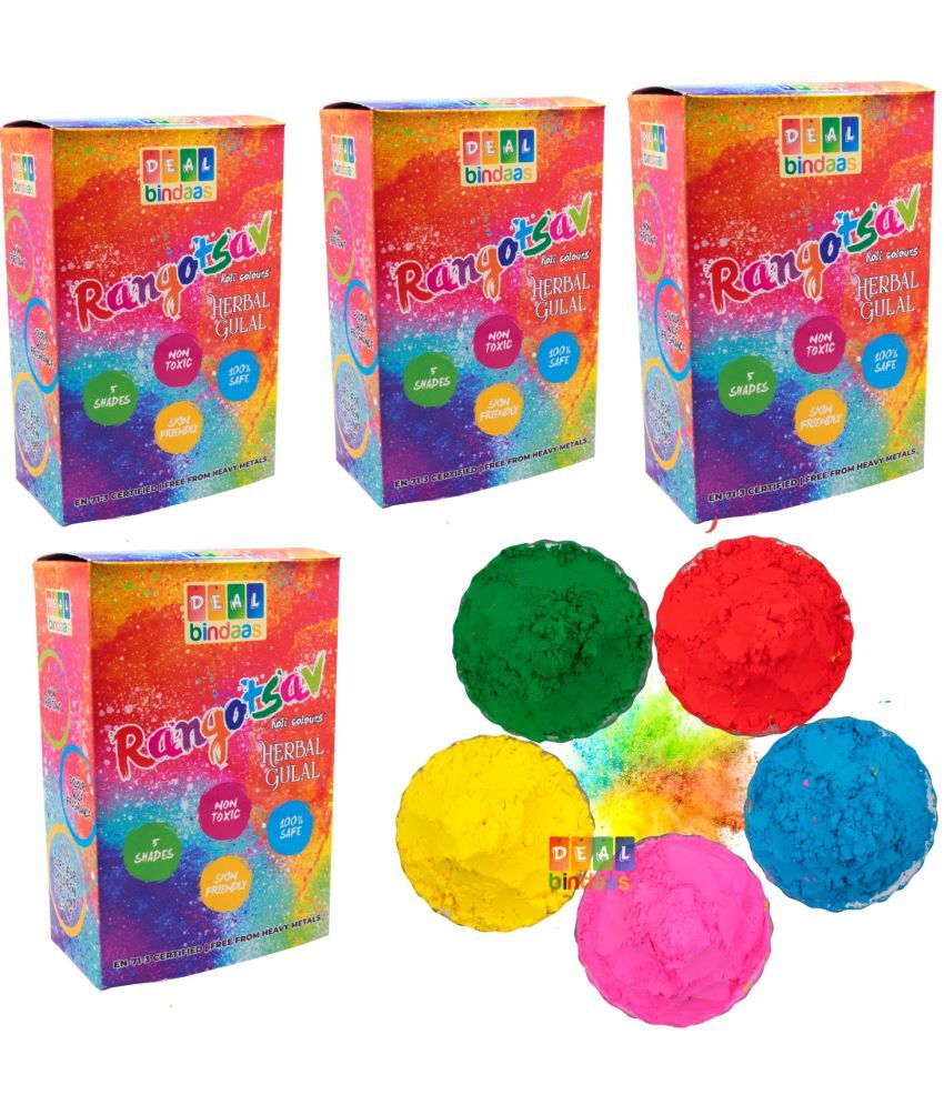     			DealBindaas Holi Colour Rangotsav Herbal Gulal 1000 GMS 5 Shades | NonToxic | Eco Friendly | 100% Safe Holi Color Powder Pack of 4,1000gm. (20pcs X 50gm) Herbal Gulal