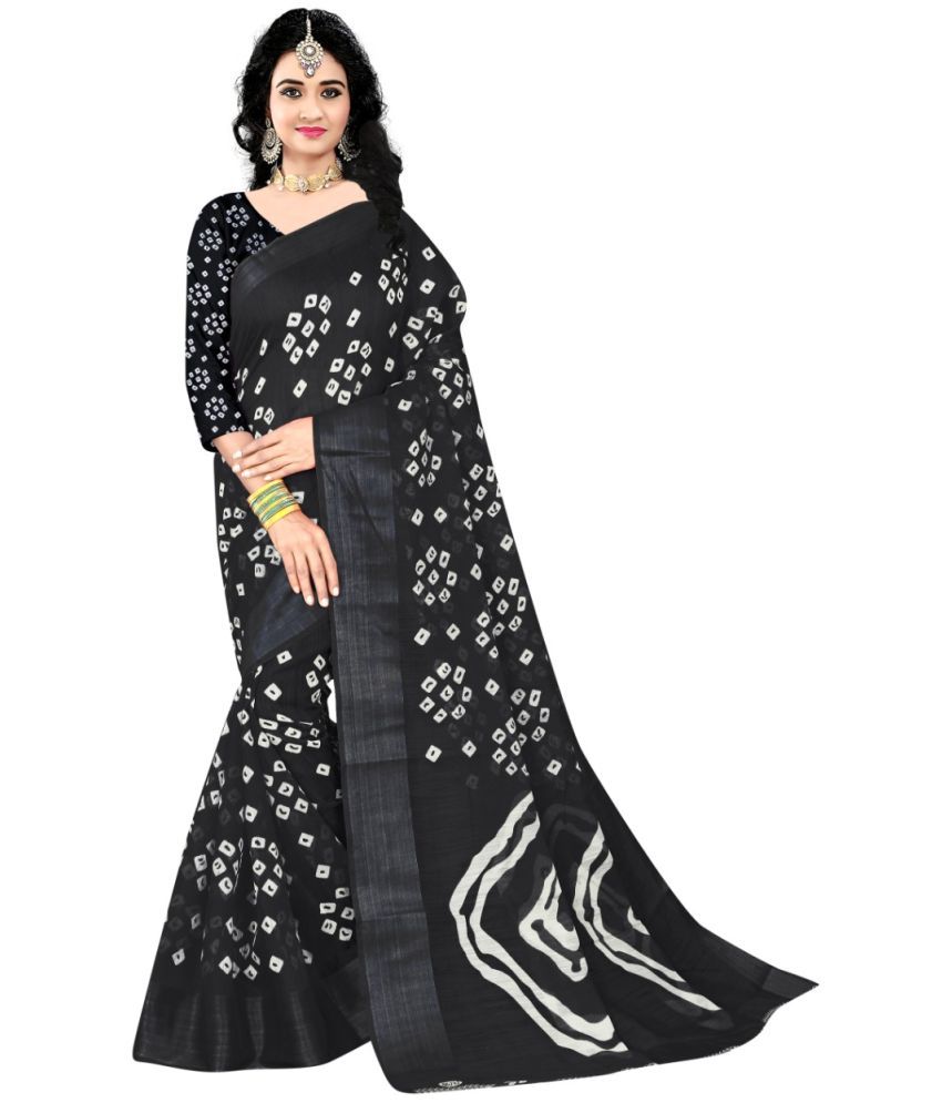     			Grubstaker - Black Cotton Saree With Blouse Piece ( Pack of 1 )