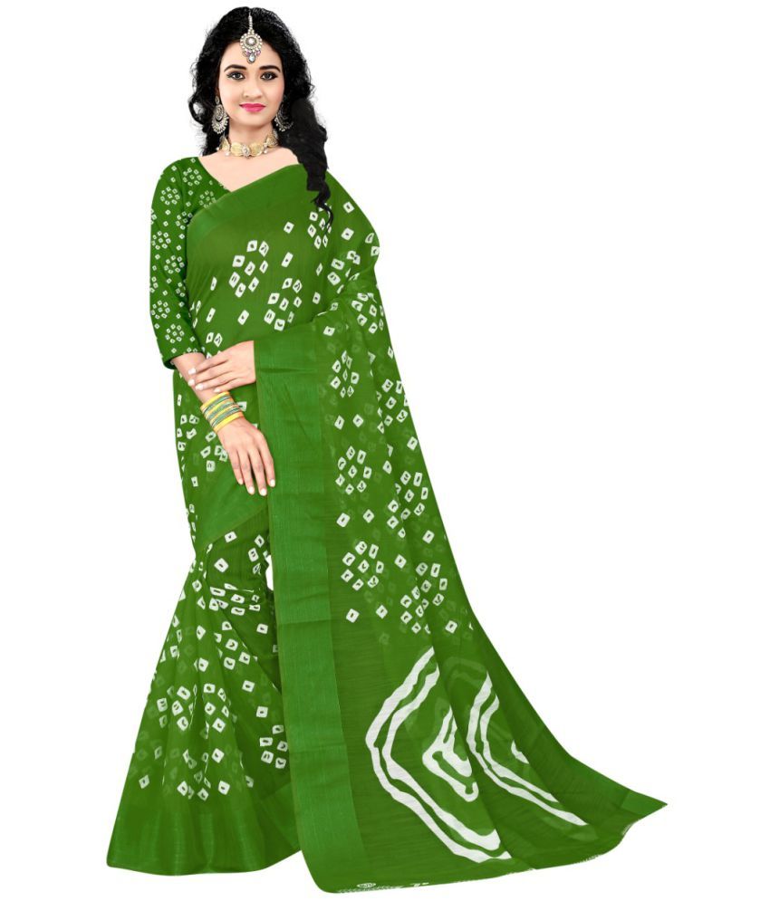     			Grubstaker - Green Cotton Saree With Blouse Piece ( Pack of 1 )