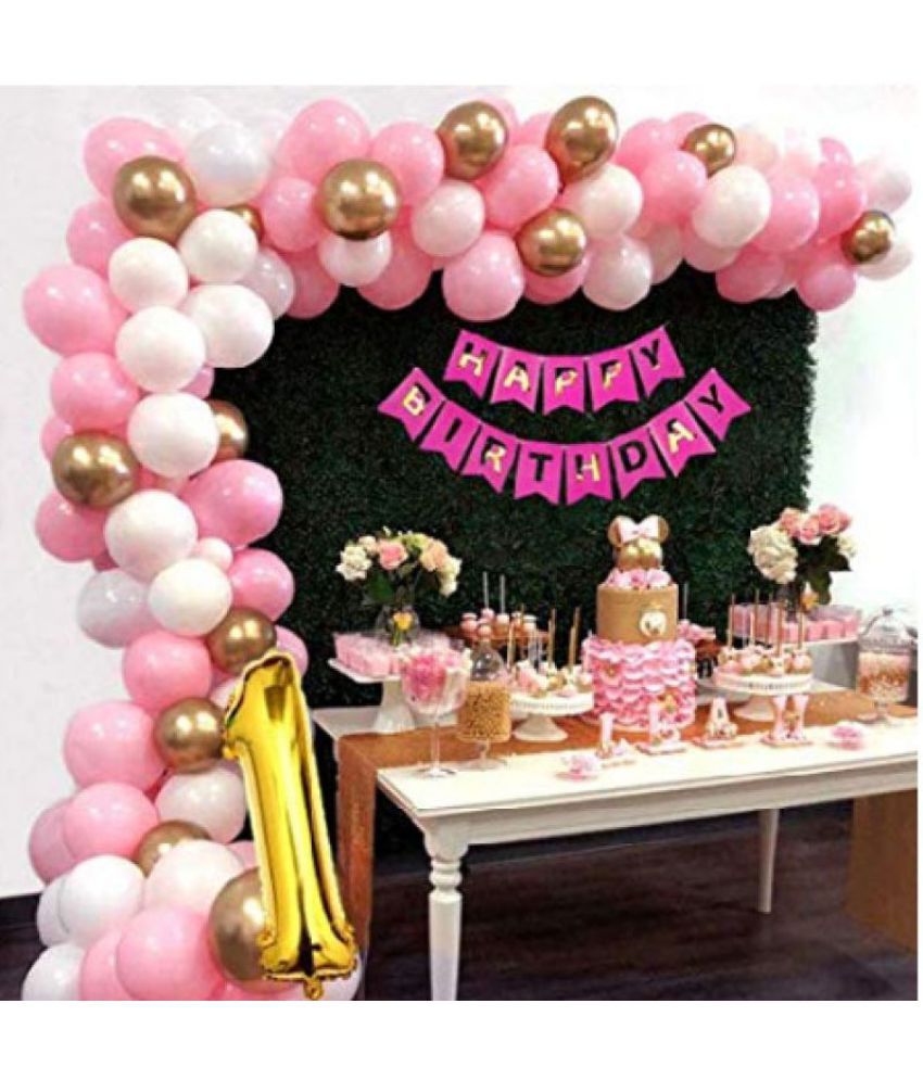     			Happy Birthday Banner (Pink) + 30 Metallic Balloon (Pink,White,Gold) + 1 Number Foil for happy birthday decoration item, birthday decoration kit, birthday balloon decoration combo for Boys, Girls, Kids, husband and Wife