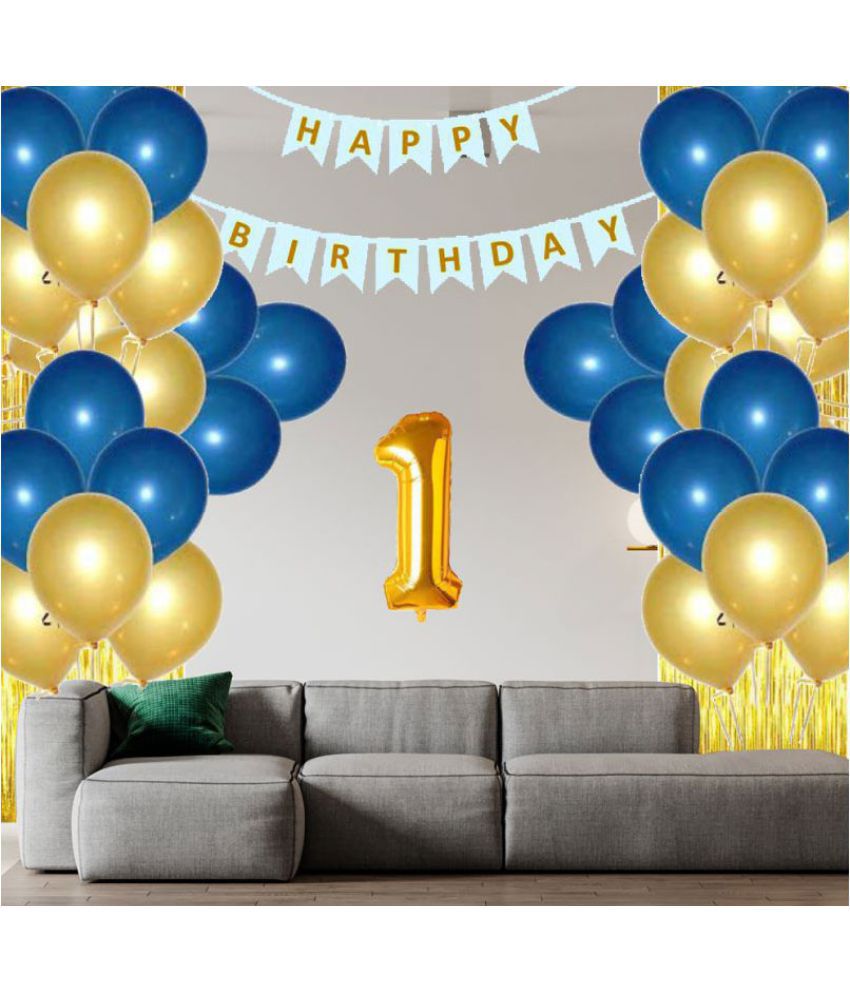     			Happy Birthday Banner (SkyBlue) + 30 Metallic Balloon (Blue,Gold) + 1 Number Foil+ 2 Fringe (Gold)