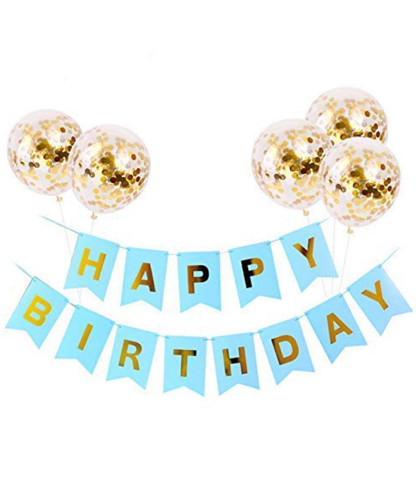     			Happy Birthday Banner(SkyBlue) + 5 Confetti Balloons(Golden)